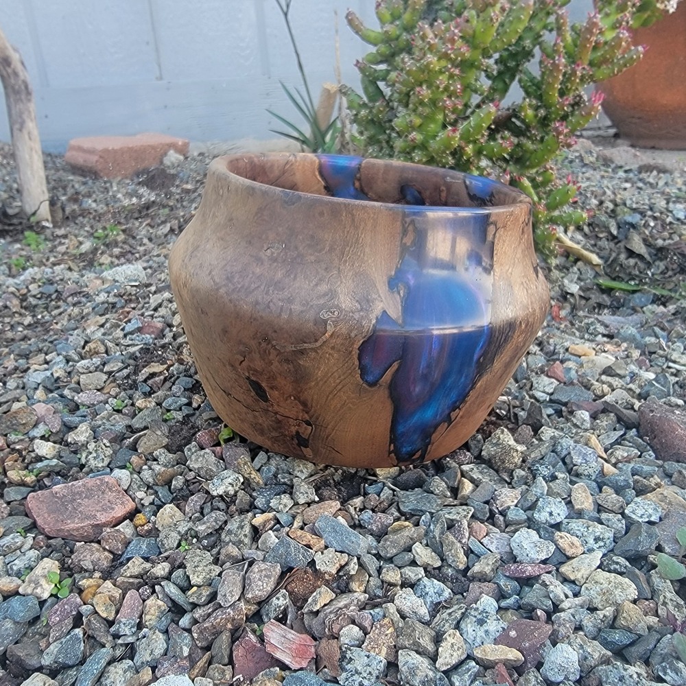 Studio Crafted Burlwood And Cobalt & Purple Resin Hand Turned Bowl Signed